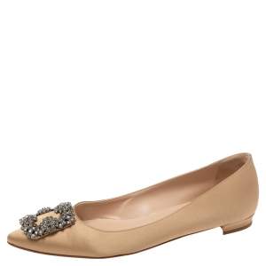Pre Owned Manolo Blahnik Champagne Satin Hangisi Ballet Flats Size 37 