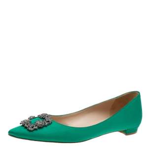 Pre Owned Manolo Blahnik Green Satin Hangisi  Ballet Flats Size 41