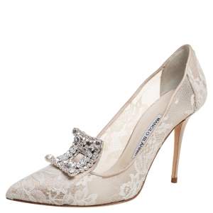 Pre Owned Manolo Blahnik Ivory Lace Borlak Crystal Embellished Pumps Size 39