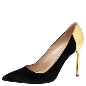 Pre Owned Manolo Blahnik Black/Gold Suede and Gold BB Pointed-Toe Pumps Size 37