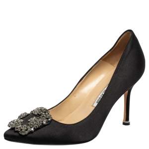 Pre Owned Manolo Blahnik Black Satin Hangisi Pumps Size 34.5