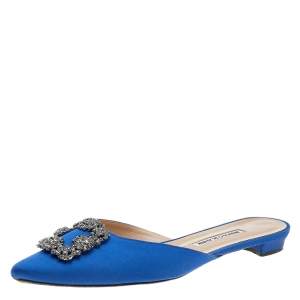 Pre Owned Manolo Blahnik Blue Satin Hangisi Mules Sandals Size 41