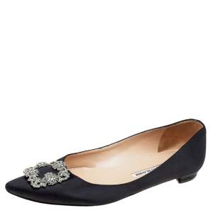 Pre Owned Manolo Blahnik Black Satin Crystal Embellished Flats Size 41
