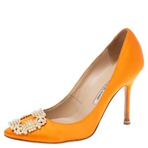 Pre Owned Manolo Blahnik Orange Satin Hangisi Pumps Size 38