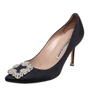 Pre Owned Manolo Blahnik Black Satin Hangisi Crystal Embellishments Pumps Size 36