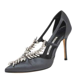 Pre Owned Manolo Blahnik Dark Grey Satin Lala Crystal Embellished Pointed Toe Pumps Size 35.5