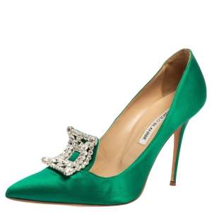 Pre Owned Manolo Blahnik Green Satin Borlak Pointed-Toe Pumps Size 39