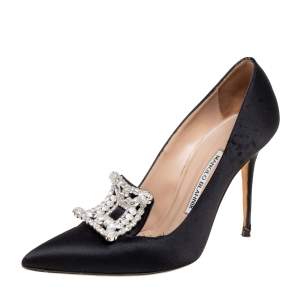 Pre Owned Manolo Blahnik Black Satin Borlak Pumps Size 38