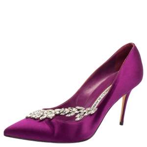 Pre Owned Manolo Blahnik Purple Satin Jewel Nadira Pointed Toe Pumps Size 38.5