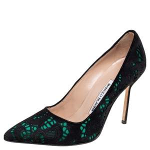 Pre Owned Manolo Blahnik Black/Green Laser-Cut Suede and Satin Bborli Pointed-Toe Pumps Size 35.5
