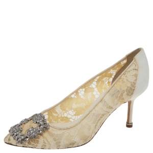 Pre Owned Manolo Blahnik White Lace And Satin Hangisi Pumps Size 35.5