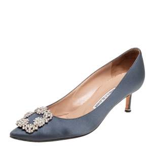 Pre Owned Manolo Blahnik Dark Grey Satin Hangisi Pumps Size 39
