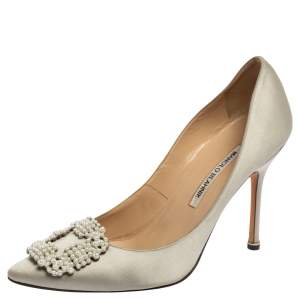 Pre Owned Manolo Blahnik Grey Satin Hangisi  Pumps Size 39