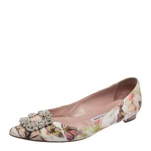 Pre Owned Manolo Blahnik White Butterfly Print Satin Hangisi Ballet Flats Size 39.5