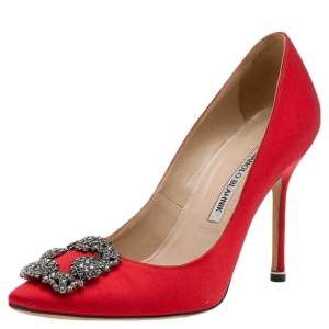 Pre Owned Manolo Blahnik Red Satin Hangisi Pumps Size 38
