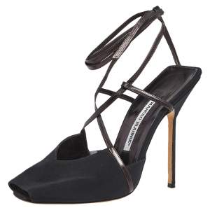 Manolo Blahnik Black/Plum Satin and Leather Square Peep-Toe Ankle-Tie Sandals Size 38.5