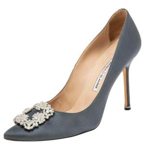 Pre Owned Manolo Blahnik Grey Satin Hangisi Pumps Size 40.5