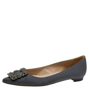 Pre Owned Manolo Blahnik Grey Satin Hangisi Ballet Flats Size 37