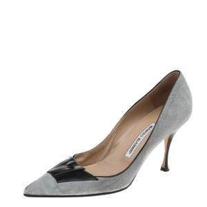 Pre Owned Manolo Blahnik Grey/Black Suede And Patent Leather Button Embellished Pointed Toe Pumps Size 38.5