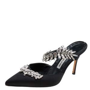 Pre Owned Manolo Blahnik Black Satin Crystal Embellished Lurum Sandals Size 37.5