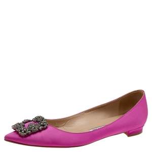 Pre Owned Manolo Blahnik Pink Satin Hangisi Ballet Flats Size 38