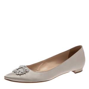Pre Owned Manolo Blahnik  Grey Satin Hangisi Crystal Embellished Ballet Flats Size 40.5