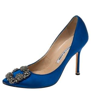 Pre Owned Manolo Blahnik Royal Blue Satin Hangisi Pumps Size 34.5 