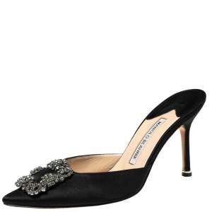 Pre Owned Manolo Blahnik Black Satin Hangisi Pointed-Toe Mules Size 37