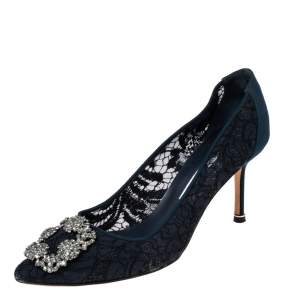 Pre Owned Manolo Blahnik Navy Blue Lace Hangisi Pumps Size 39.5