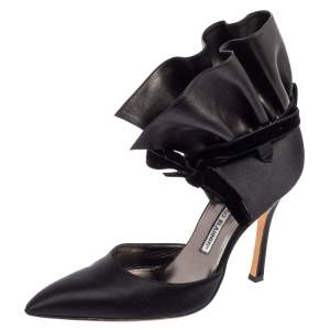 Pre Owned Manolo Blahnik Black Suede And Leather Petase Ankle Strap Pumps Size 38.5