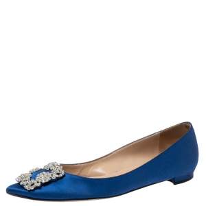 Pre Owned Manolo Blahnik Royal Blue Satin Hangisi Ballet Flats Size 36