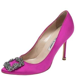 Pre Owned Manolo Blahnik Fuchsia Satin Hangisi  Pumps Size 38.5
