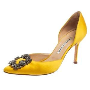 Pre Owned Manolo Blahnik Yellow Satin Hangisi D'Orsay Pumps Size 38