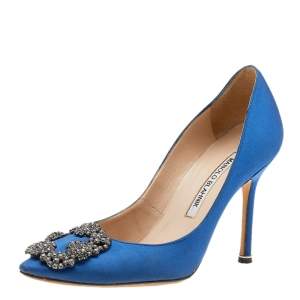 Pre Owned Manolo Blahnik Blue Satin Hangisi Embellished Pumps Size 36