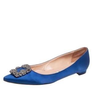 Pre Owned Manolo Blahnik Blue Satin Hangisi Ballet Flats Size 39
