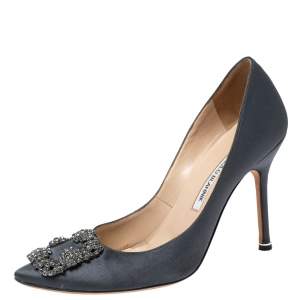 Pre Owned Manolo Blahnik Grey Satin Hangisi Pumps Size 38.5