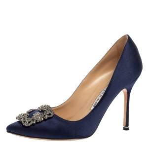 Pre Owned Manolo Blahnik Navy Blue Satin Hangisi Pumps Size 38