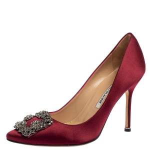 Pre Owned Manolo Blahnik Burgundy Satin Hangisi Pumps Size 38