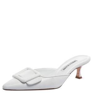 Manolo Blahnik White Leather Maysale Mules Size 39