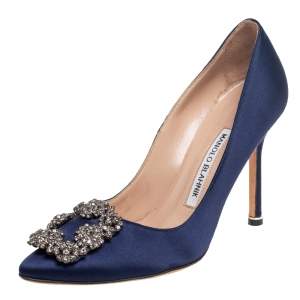Pre Owned Manolo Blahnik Navy Blue Satin Hangisi Pumps Size 35
