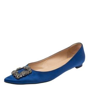 Pre Owned Manolo Blahnik Royal Blue Satin Hangisi Ballet Flats Size 42