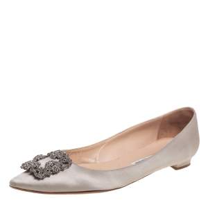 Pre Owned Manolo Blahnik Grey Satin Hangisi Ballet Flats Size 41