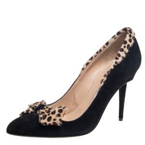 Pre Owned Manolo Blahnik Black Suede and Printed Calf Hair Bow Pumps Size 39