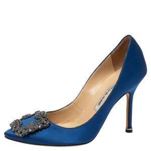 Pre Owned Manolo Blahnik Royal Blue Satin Hangisi Crystal Embellished Pointed Toe Pumps Size 35