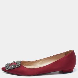 Pre Owned Manolo Blahnik Burgundy Satin Hangisi Pointed Toe Ballet Flats Size 35.5