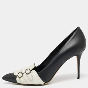 Pre Owned Manolo Blahnik Black/Off-White Leather Pointed-Toe Pumps Size 37.5