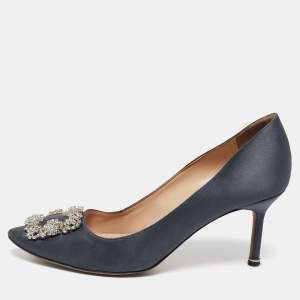 Pre Owned Manolo Blahnik Dark Grey Satin Hangisi  Pumps Size 39