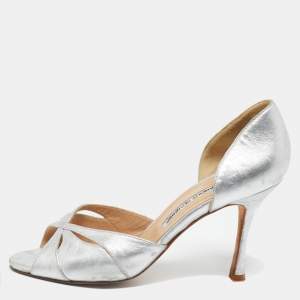 Pre Owned Manolo Blahnik Silver  Leather Open Toe Pumps Size  38