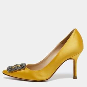 Pre Owned Manolo Blahnik Yellow Satin Hangisi  Pumps Size 35.5