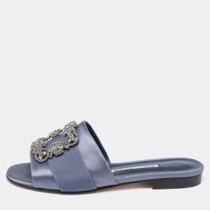 Pre Owned Manolo Blahnik Blue-Grey Satin Martamod Flat Slides Size 38